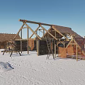 Rustic Thatch Roof Houses In Snowy Landscape With Wooden Frames And Structures