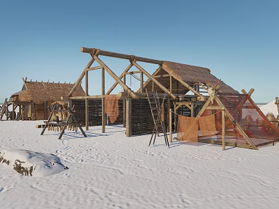 Rustic Thatch Roof Houses In Snowy Landscape With Wooden Frames And Structures 3d model
