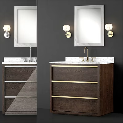 Modern Bathroom Sink Vanity With Wooden Cabinet Marble Countertop Mirror And Wall Sconces 3d model
