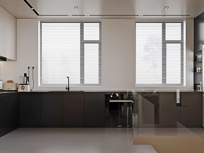 Modern Kitchen Interior With Double Windows Blinds Black Cabinets And White Countertops 3d model