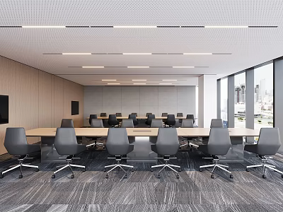 Modern Conference Room With Long Meeting Table Grey Chairs And City View Windows 3d model