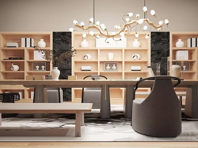 Modern Tea Table and Chairs with Wooden Shelves and Decorative Pendant Lights 3d model