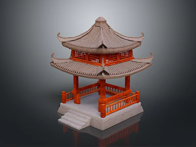 Traditional Chinese Pavilion Design With Two Story Roof Red Railings And Stone Base 3d model