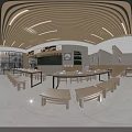 Minimalist Wooden Restaurant Interior With Long Tables Benches Wall Clocks And Bright Lighting