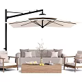 Stylish Outdoor Sofa With Wooden Chairs And Coffee Table Under Cantilever Umbrella For Patio Relaxation