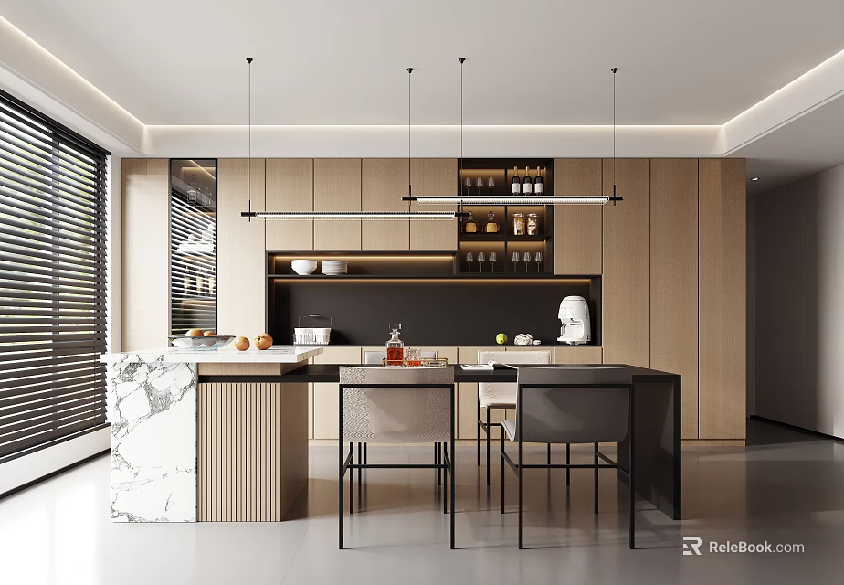 Modern Restaurant Interior With Open Kitchen Design Marble Countertop Wooden Cabinets And Pendant Lights 3d model 