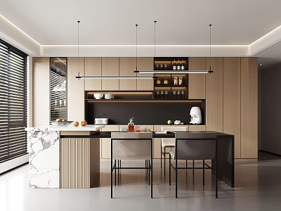 Modern Restaurant Interior With Open Kitchen Design Marble Countertop Wooden Cabinets And Pendant Lights 3d model