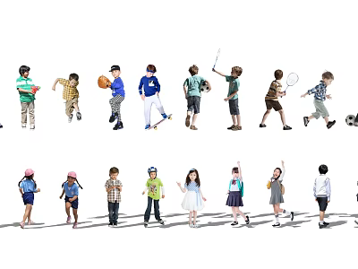 Group of Kids Participating in Multiple Activities Like Skateboarding Tennis and Playing Ball 3d model
