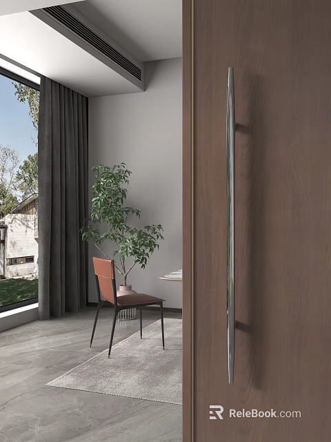 Elegant Modern Living Dining Room Interior With Orange Chair Green Plant And Grey Curtains 3d model 