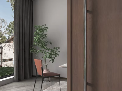 Elegant Modern Living Dining Room Interior With Orange Chair Green Plant And Grey Curtains 3d model