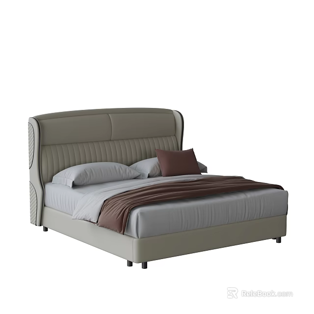 Modern Double Bed Featuring Padded Leather Headboard Gray Brown Pillows And Blanket 3d model