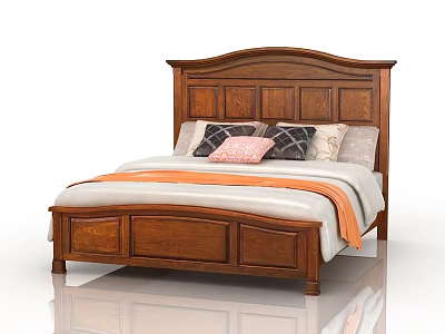 Wooden Double Bed With Carved Headboard Pillows And Orange Throw Blanket 3d model