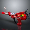 Futuristic Red Weapon with Silver Components Gauge and Scope in Sleek Mechanical Design