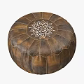Round Brown Leather Stool With White Embroidered Pattern And Textured Surface 3d model