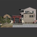 Traditional And Modern Architecture Featuring Chinese Style Roof Red Gateway Courtyard Tables Chairs Green Trees And Outdoor Area