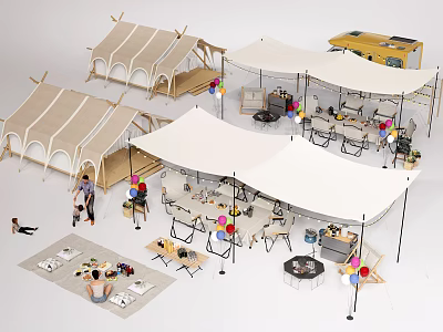 Scenic Campsite With Tents Canopies Tables Chairs And People Relaxing Outdoors 3d model