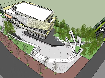 Modern Commercial Street with Green Landscaping Open Plaza and Pedestrian Areas 3d model