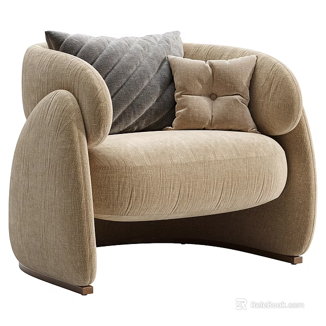 Modern Beige Fabric Single Sofa With Gray And Beige Square Pillows And Rounded Armrests 3d model 