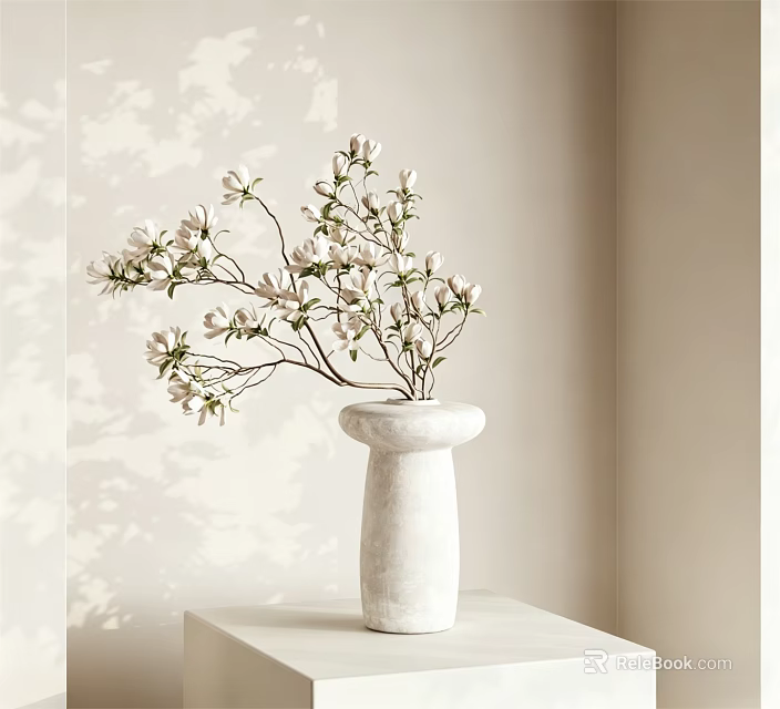 White Ceramic Vase With White Magnolia Flowers On Table Against Wall Shadow 3d model 