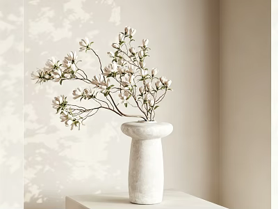 White Ceramic Vase With White Magnolia Flowers On Table Against Wall Shadow 3d model