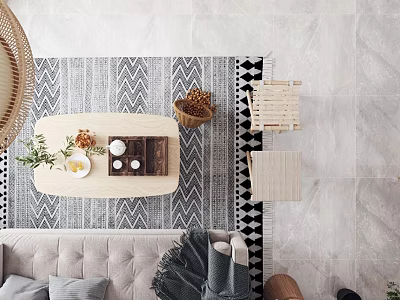Warm Neutral Toned Living Room With Geometric Pattern Rug And Light Wooden Coffee Table Decor 3d model