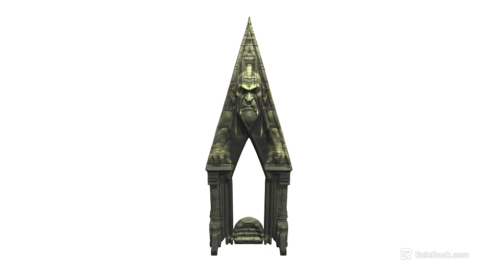 Ornate Ancient Stone Gate Architectural Design With Pointed Top And Sculpted Statue 3d model 