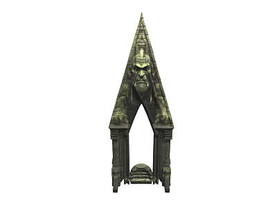 Ornate Ancient Stone Gate Architectural Design With Pointed Top And Sculpted Statue 3d model