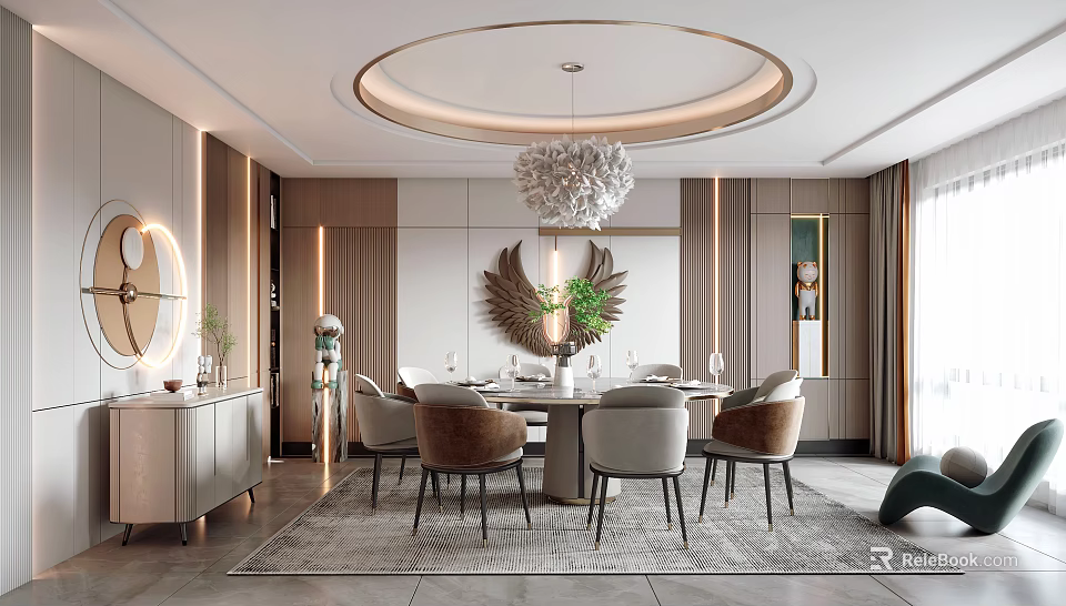 Elegant Private Dining Room Design With Round Table Chandelier And Decorative Wall 3d model