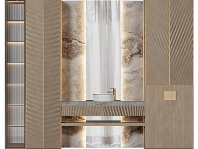 Elegant Modern Bathroom Interior With Washbasin Marble Wall And Golden Trim Cabinets 3d model
