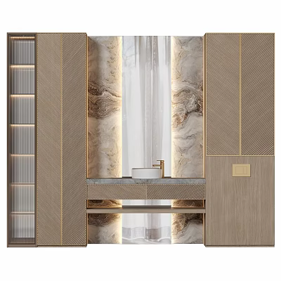 Elegant Modern Bathroom Interior With Washbasin Marble Wall And Golden Trim Cabinets 3d model
