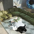 Modern Living Room Interior With Green Sofa Round Rug And Floor to Ceiling Windows