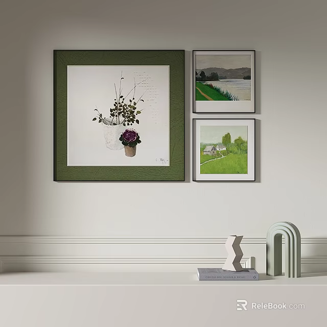Wall Art Display With Green Framed Painting And Landscape Prints Plus Decorative Objects 3d model