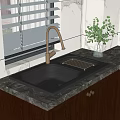 Black Double Bowl Kitchen Sink With Brushed Brass Faucet On Marble Countertop