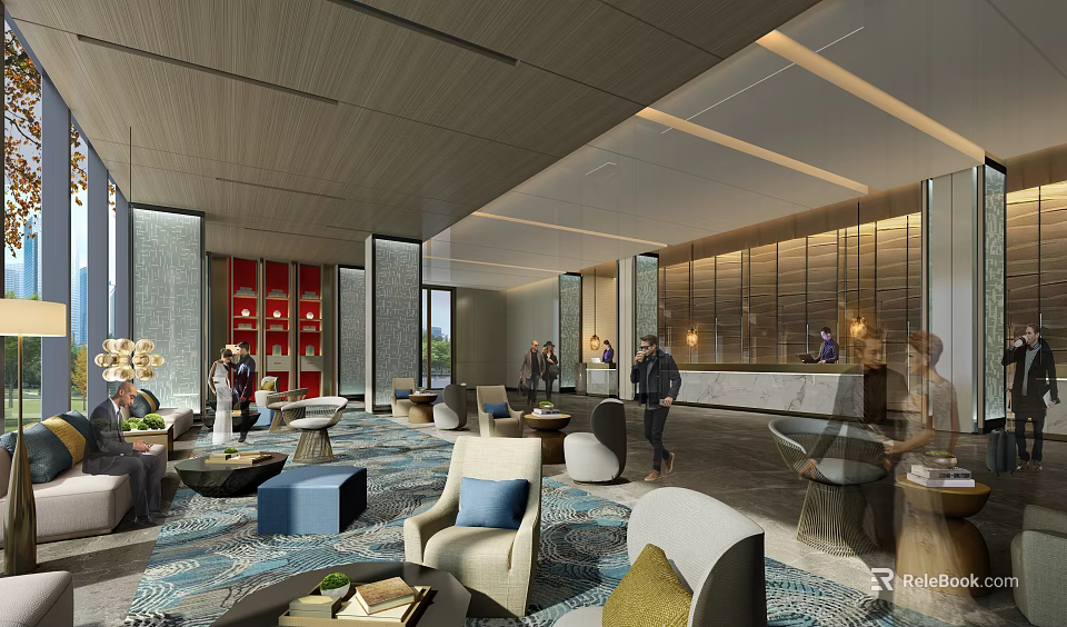Elegant Modern Hotel Lobby Interior Design With Reception Desk Sofas Guests And Warm Lighting 3d model