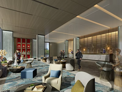 Elegant Modern Hotel Lobby Interior Design With Reception Desk Sofas Guests And Warm Lighting 3d model