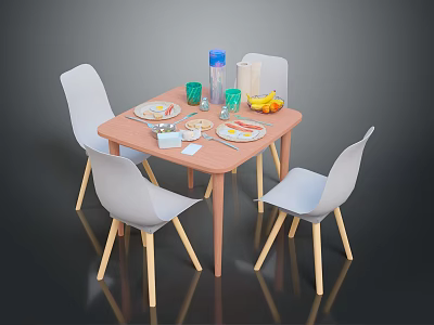 Cozy Dining Interior With Wooden Table White Chairs Tableware Fruits And Water Glasses 3d model