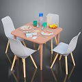 Cozy Dining Interior With Wooden Table White Chairs Tableware Fruits And Water Glasses