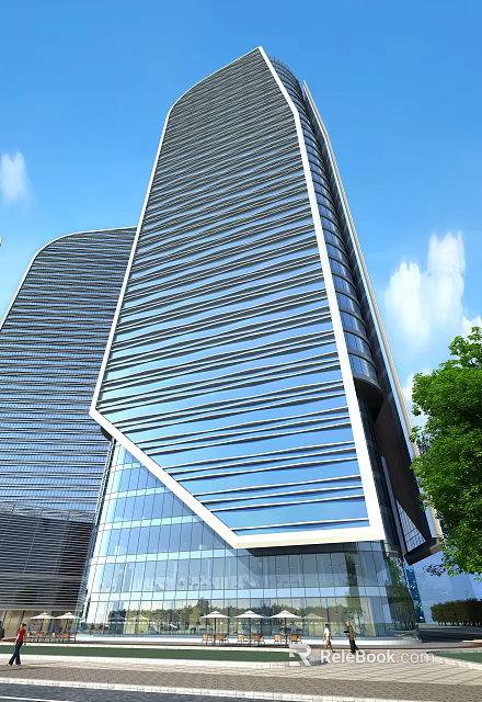 Modern Office Building Featuring Glass Facade Horizontal Lines And Green Surroundings 3d model 