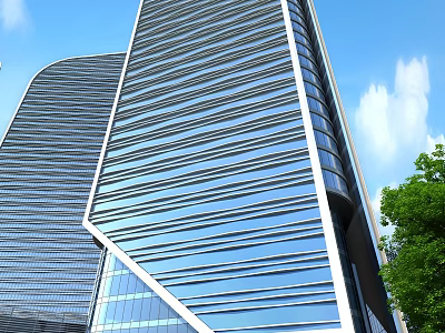 Modern Office Building Featuring Glass Facade Horizontal Lines And Green Surroundings 3d model