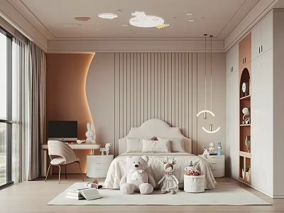 Cozy Kids Room Interior With Striped Walls Bed Stuffed Toys Moon Pendant And Cloud Lights 3d model