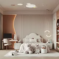 Cozy Kids Room Interior With Striped Walls Bed Stuffed Toys Moon Pendant And Cloud Lights