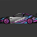 Custom Racing Car With Iridescent Purple Blue Paint Rear Spoiler And Colorful Alloy Wheels