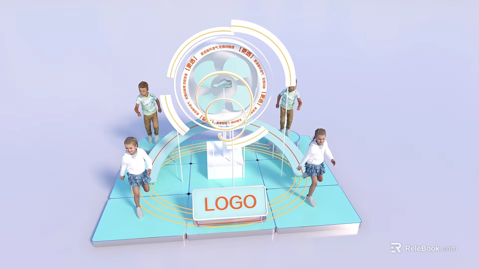 Interactive Group Photo Check-in Spot With Children Circular Glowing Elements And Central LOGO Platform 3d model
