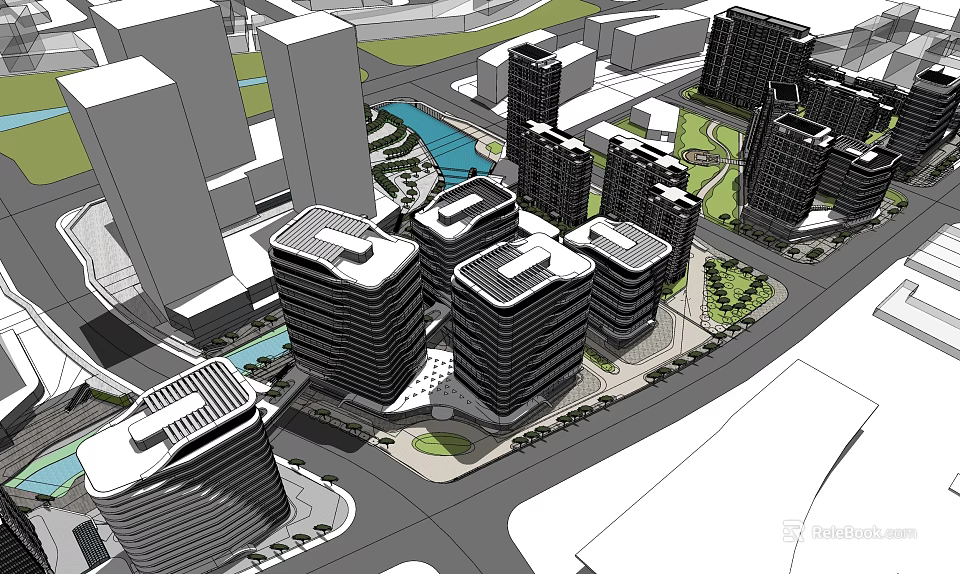 Modern Urban Cityscape With Tall Buildings Roads Green Areas And Water Pool 3d model 