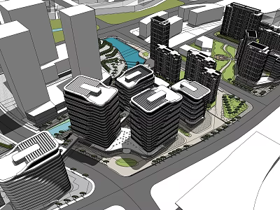 Modern Urban Cityscape With Tall Buildings Roads Green Areas And Water Pool 3d model