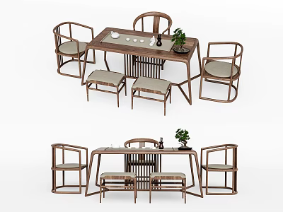 Traditional Chinese Solid Wood Tea Table And Chairs With Stools Tea Set And Plant 3d model