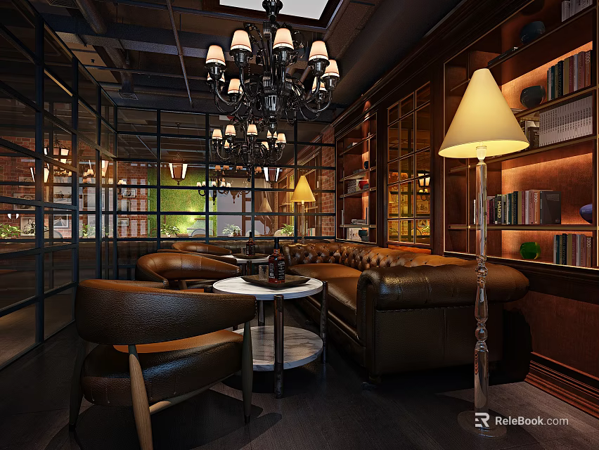 Modern Café Interior With Leather Sofas Chandeliers Floor Lamp And Bookshelves 3d model 