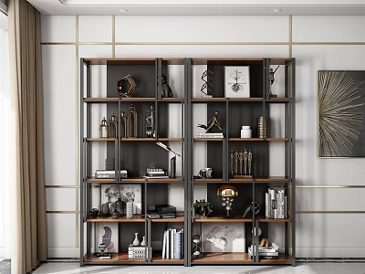 Sleek Modern Shelving Unit With Metal Wood Frame Holding Decorative Books And Plants 3d model