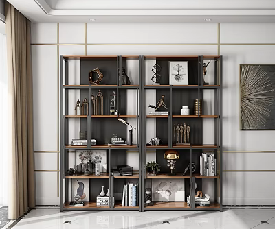 Sleek Modern Shelving Unit With Metal Wood Frame Holding Decorative Books And Plants 3d model