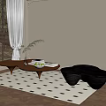 Coffee Table With Vase Fruits Books And Black Woven Stools On Black White Rug 3d model